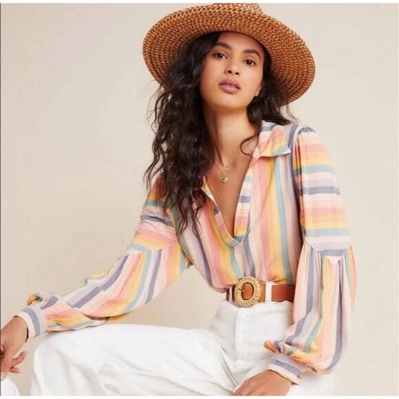 Anthropologie Rainbow Peasant Blouse Top Boho  Size Small S Pastel - Picture 1 of 7